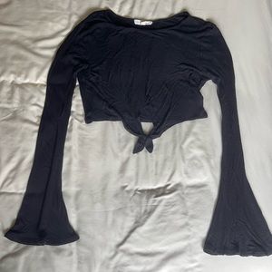 LA Hearts Cropped Long Sleeve Tee - Wide Sleeves - Tie Front - Ribbed